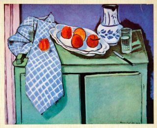 1958 Print Still Life Green Buffet Table Orange Vase Henri Matisse Platter Knife   Orig. Tipped In Print  