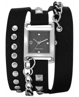 Nine West Watch, Womens Silver Tone Stud and Chain Black Triple Wrap Strap 24x22mm NW 1539BKBK   Watches   Jewelry & Watches
