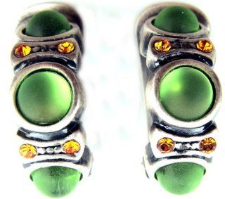 Antiqued Silver Finish Faux Peridot Green Crystal Half Hoop Clip On Earrings Jewelry