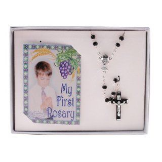 First Communion Black Wood Rosary w/ Rosary Prayer Card Pendant Necklaces Jewelry
