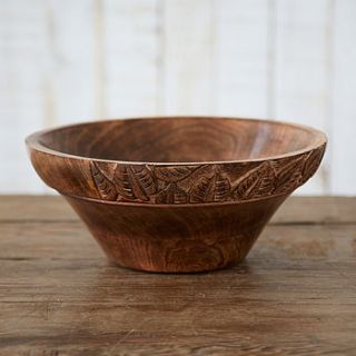 natural carved wooden bowl with leaf design by paper high