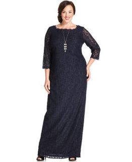 Adrianna Papell Plus Size Three Quarter Sleeve Lace Gown   Dresses   Plus Sizes