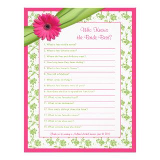 Pink Gerber Daisy Green Floral Bridal Shower Game Letterhead Template