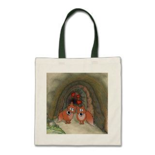 cartoon drawing of foxes in love with cave behind tote bag
