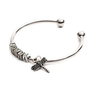 personalised name bangle with dragonfly charm by cinderela b jewellery