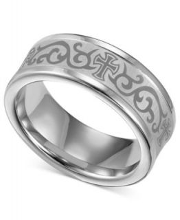 Triton Mens Tungsten Carbide Ring, Comfort Fit Etched Cross Wedding Band   Rings   Jewelry & Watches