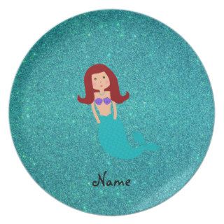 Personalized name mermaid turquoise glitter party plate