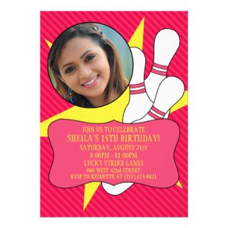 Electric Pink No Time To Spare Bowling Party Photo Personalized Invitations