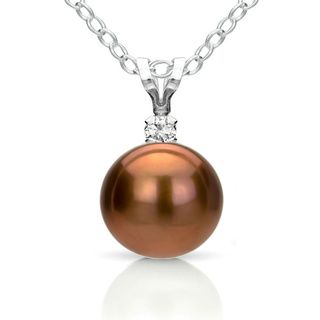 DaVonna Silver Chocolate FW Pearl and Diamond Pendant Necklace (8 8.5 mm) DaVonna Pearl Necklaces