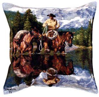 Reflections of the Rockies Cowboy and Horses Decorative Throw Pillow 17" x 17"  