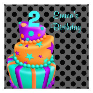 Purple Black Cake Presents Girls 2nd Birthday Personalized Announcement