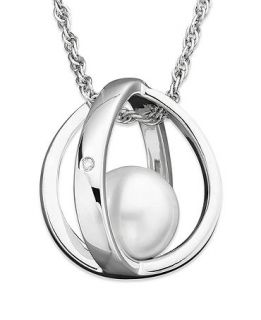 Cultured Freshwater Pearl (8mm) Diamond Accent Cage Pendant Necklace in Sterling Silver   Necklaces   Jewelry & Watches