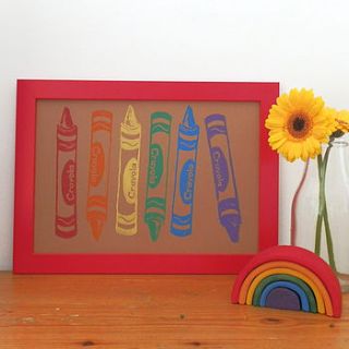 rainbow crayons linocut print by woah there pickle