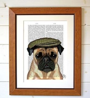 pug dog in flat cap dictionary print by fabfunky