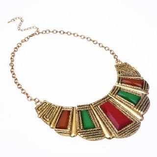 Vintage Golden Chain Trapezoid Colorized Resin Beads Pendant Bib Statement Necklace Jewelry