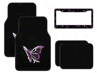 Set of 4 Universal Fit Plush Carpet Floor Mats and Plastic Butterfly License Plate Frame   Purple Automotive
