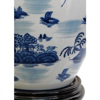 Oriental Furniture 11" Landscape Blue and White Porcelain Vase Jar