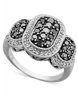 Diamond Ring, Sterling Silver Black Diamond and White Diamond Oval (1 ct. t.w.)   Rings   Jewelry & Watches