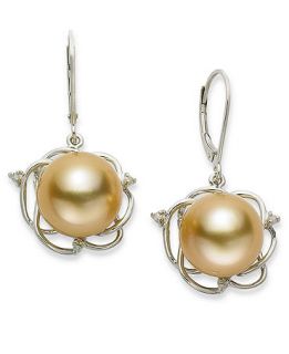 Sterling Silver Earrings, Golden South Sea Pearl (11mm) and Diamond Accent Flower Earrings   Earrings   Jewelry & Watches