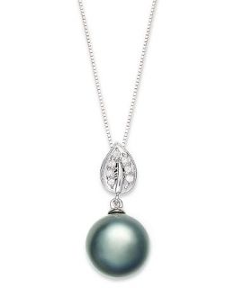 14k White Gold Necklace, Tahitian Pearl (10mm) and Diamond Accent Leaf Pendant   Necklaces   Jewelry & Watches