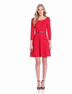 Donna Morgan Women's 3/4 Sleeve Scoop Neck Belted Flare Dress, Cherry Red, 4 Dress With Sleeves For Women Fit And Flare