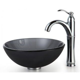 Kraus C GV 104FR 14 12mm 1005CH Frosted 14 Inch Black Glass Vessel Sink and Riviera Faucet, Chrome    