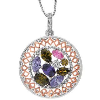 Sterling Silver with Pink Gold Plated Multi Color Cubic Zirconia Round Pendant Necklace, 18" Jewelry