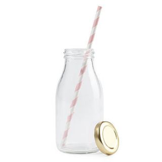 set of three retro milk bottles with straws by feather grey parties