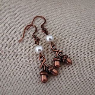 copper and pearl acorn earrings by melissa morgan designs