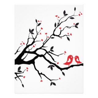 Kissing bird on tree branch with red heart leaves letterhead