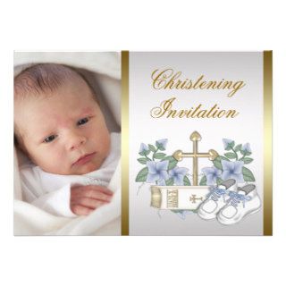 White Blue Gold Baby Boy Photo Christening Invite