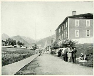 1894 Print Sitka Alaska City Street Pedestrian Sidewalk Building Mountain Scenic   Original Halftone Print  