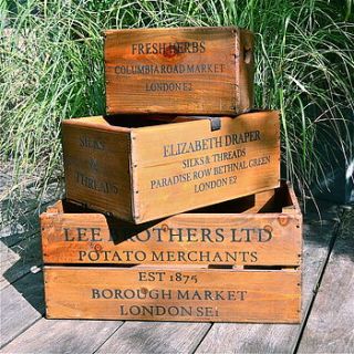 three vintage style wooden market crates by london garden trading