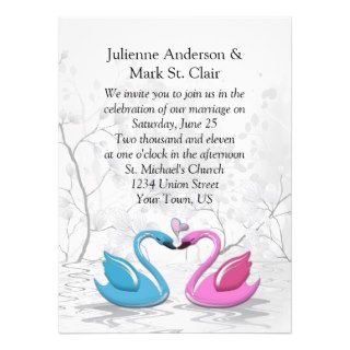 Pink Blue Kissing Swans Wedding Invitation