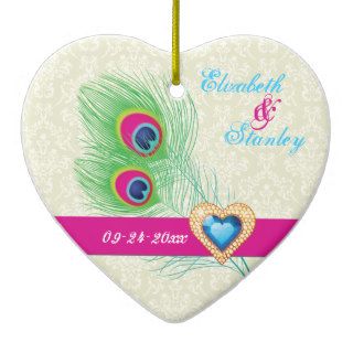 Peacock feather jewel heart wedding Save the Date Ornament