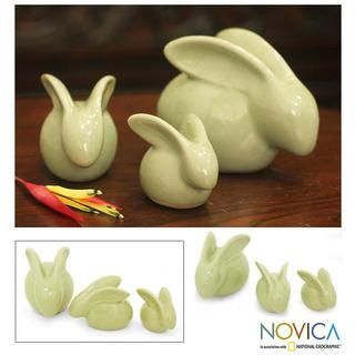 Set of 3 Celadon Ceramic 'Chiang Mai Rabbits' Figurines (Thailand) Novica Statues & Sculptures
