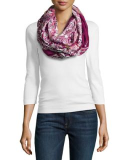 Floral Paisley Thick Stitch Infinity Scarf, Magenta/White