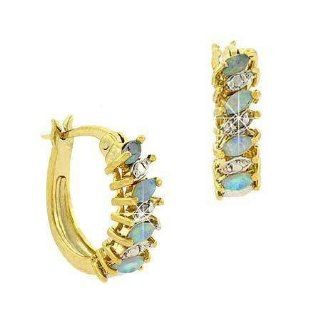 Gold Tone over Sterling Silver Created Blue Opal & Diamond Accent Marquise Cut Hoop Earrings Jewelry