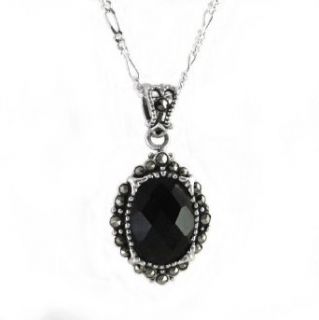 Elegant Black Sparkling Stone Marcasite Accent Sterling Pendant Necklace, 18" Clothing