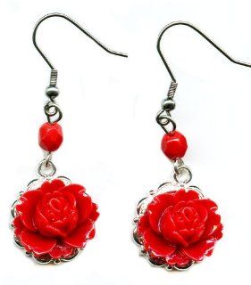 Silver Tone and Red Rose Resin Flower Earrings Vintage Victorian Style Surgical Steel Posts Ak1811 Jewelry