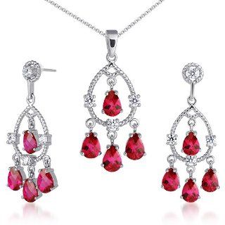 Celebrity Inspired Pear Checkerboard Shape Created Ruby Pendant Earrings Set in Sterling Silver Rhodium Nickel Finish Earring And Pendant Necklace Sets Jewelry