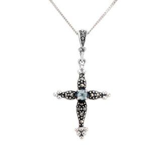 Sterling Silver Marcasite Pave Blue Topaz Cross Pendant Necklace, 18" Jewelry