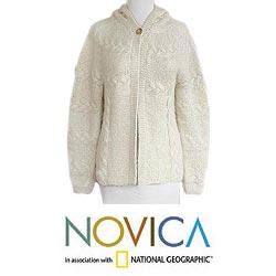 Women's Alpaca Wool Blend 'Snow Fizz' Hooded Cardigan Sweater (Peru) Novica Women's Clothing