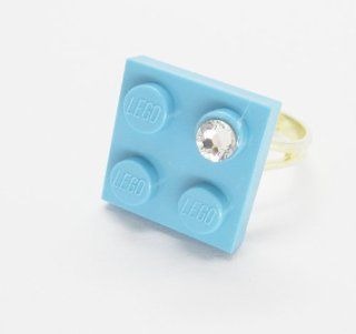 Sea Blue Gray Upcycled LEGO Ring with Swarovski Crystal Jewelry