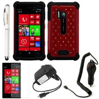 Red Embeded Studded Diamond Faceplate with Silicone Skin Cover for Nokia Lumia 928 Windows Phone 8 + VG Executive Laser Pointer Stylus Pen + Black Rapid Micro USB Wall Home Charger + Black Rapid Micro USB Car Charger Cell Phones & Accessories