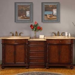 Silkroad Exclusive 84 inch Travertine Double Vanity With Led Lighted Cabinet