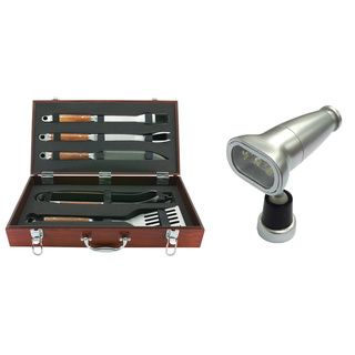 Forged 5 piece Grill Tool And Light Bundle With Wood Carrying Case