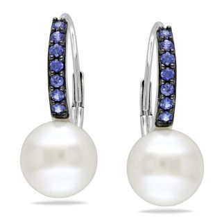 Miadora 10k White Gold White Pearl and Sapphire Earrings (8.5 9 mm) Miadora Pearl Earrings
