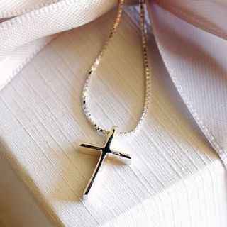 delicate silver cross necklace on box chain by highland angel