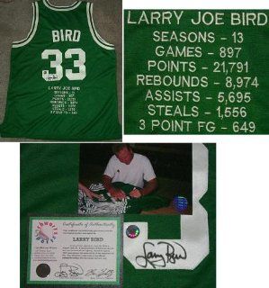 Larry Bird Signed Celtics Embroidered Career Stats Green Jersey  Sports Related Merchandise  Sports & Outdoors
